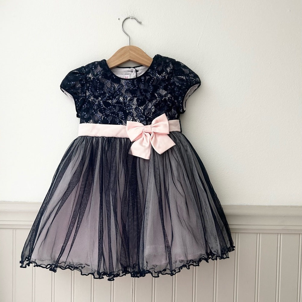 Bonnie Baby 24 Months Navy Pink Bow Lace Formal Ballerina Dress